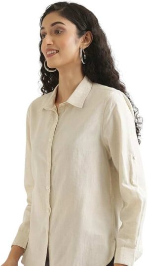 SAADAA Women Airy Linen Full Sleeve Shirt | Cotton-Linen Blend Regular Fit Button-Down Casual Shirt with Cl