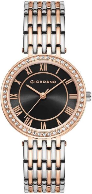 Giordano Eleganza Collection Round Analog Watch for Women, Diamond-Set with Metal Strap Ladies Water Resist