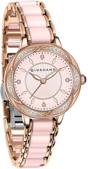 Giordano Flower Case Watch for Women with Crystal-Studded Bezel, Diamond Hour Markers & Dual Tone Stainless