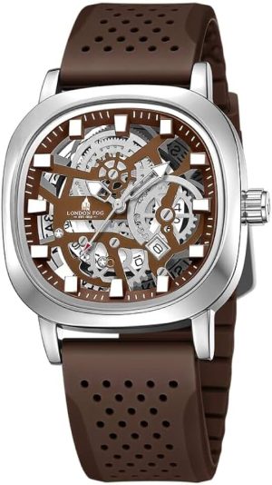 London Fog Strand Collection Skeleton Style Quartz Watch for Men with Cushion Shaped Case, Date Display, Lu