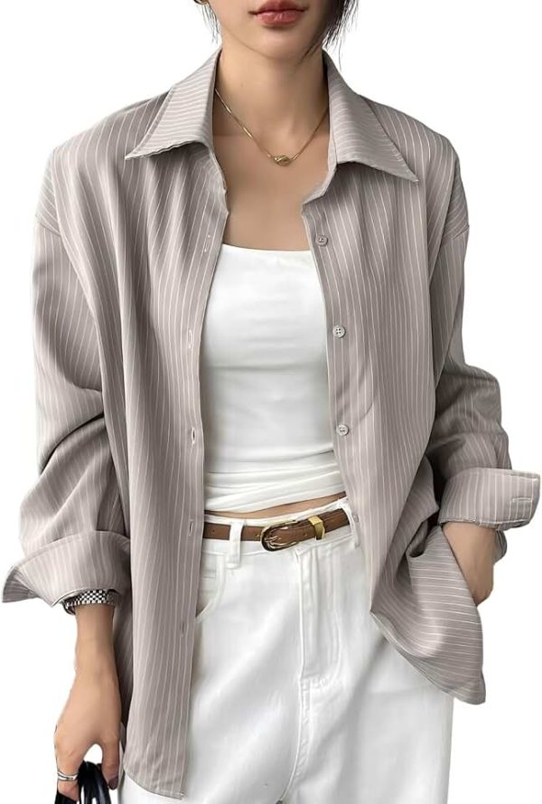 GRECIILOOKS Women's Rayon Striped Shirt | Korean Style Full Sleeve Oversized Button Down Shirts | Tops for