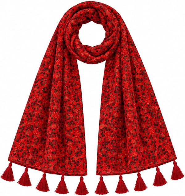 Red Floral Print Scarf with Tassel Trim, Bead Embellished | Leopard Floral Pattern, Tassel Fringe Ends, Bead Detailing, Wo