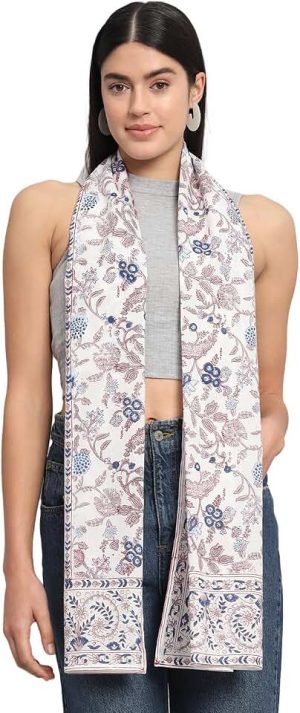 Ravaiyaa - Attitude is everything Women White & Multi Hand Block Floral Printed Cotton Scarf 71" X 21" Inch